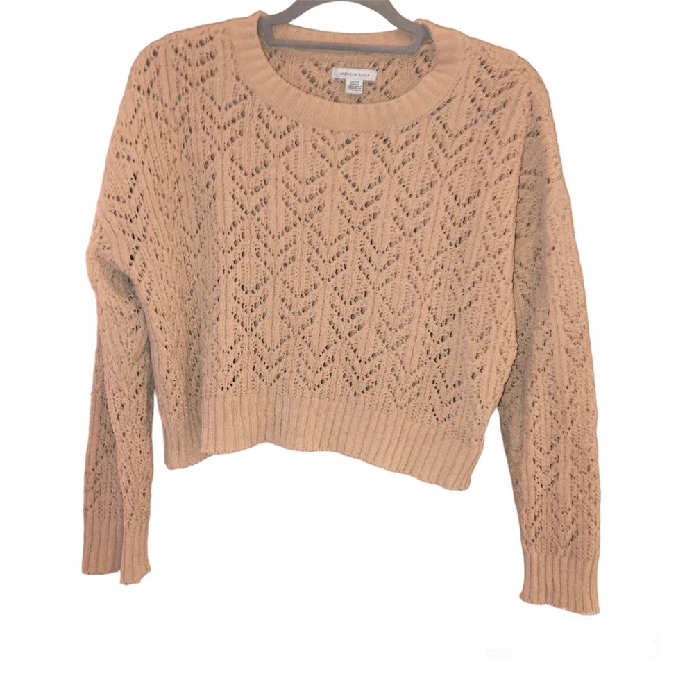 American Eagle chenille Pointelle cropped‎ sweater tan size small